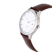 ASTRON 8043-7 férfi karóra, ezüst színű titánium tok, barna bőrszíj, fehér számlap, keményített ásványüveg, quartz szerkezet, 50 m (5 ATM) vízállóság