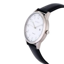 ASTRON 8043-8 férfi karóra, ezüst színű titánium tok, fekete bőrszíj, fehér számlap, keményített ásványüveg, quartz szerkezet, 50 m (5 ATM) vízállóság