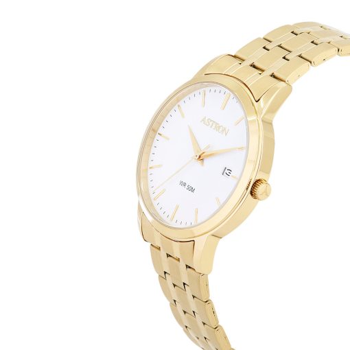 ASTRON 8045-9 férfi karóra, arany színű nemesacél tok, arany színű nemesacél csat, fehér számlap, keményített ásványüveg, quartz szerkezet, 50 m (5 ATM) vízállóság
