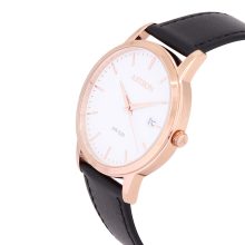 ASTRON 8046-0 férfi karóra, rózsaarany színű nemesacél tok, fekete színű bőrszíj, fehér számlap, keményített ásványüveg, quartz szerkezet, 50 m (5 ATM) vízállóság