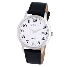 ASTRON 8046-7 férfi karóra, ezüst színű nemesacél tok, fekete színű bőrszíj, fehér számlap, keményített ásványüveg, quartz szerkezet, 50 m (5 ATM) vízállóság