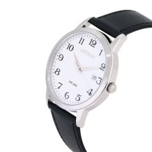 ASTRON 8046-7 férfi karóra, ezüst színű nemesacél tok, fekete színű bőrszíj, fehér számlap, keményített ásványüveg, quartz szerkezet, 50 m (5 ATM) vízállóság