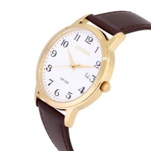 ASTRON 8046-9 férfi karóra, arany színű nemesacél tok, barna színű bőrszíj, fehér számlap, keményített ásványüveg, quartz szerkezet, 50 m (5 ATM) vízállóság