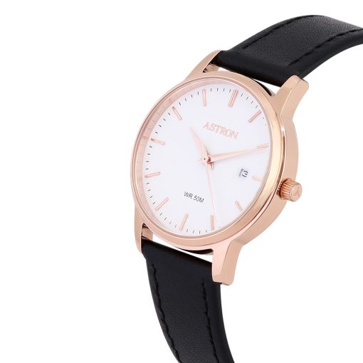 ASTRON 8048-0 női karóra, rózsaarany színű nemesacél tok, fekete színű bőrszíj, fehér számlap, keményített ásványüveg, quartz szerkezet, 50 m (5 ATM) vízállóság