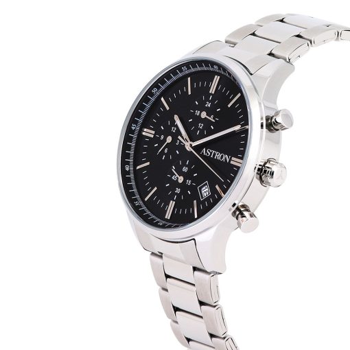 ASTRON 8049-1 férfi karóra, ezüst színű nemesacél tok és csat, fekete számlap, keményített ásványüveg, multifunkciós, quartz szerkezet, 50 m (5 ATM) vízállóság