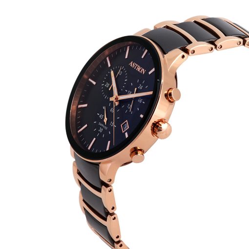 ASTRON 8050-0 férfi karóra, rózsaarany+fekete színű acél+kerámia tok és csat, fekete számlap, zafír üveg, quartz szerkezet, cseppmentes vízállóság