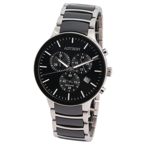 ASTRON 8050-1 férfi karóra, ezüst+fekete színű acél+kerámia tok és csat, fekete számlap, zafír üveg, quartz szerkezet, cseppmentes vízállóság