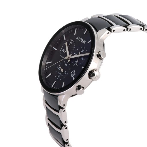 ASTRON 8050-1 férfi karóra, ezüst+fekete színű acél+kerámia tok és csat, fekete számlap, zafír üveg, quartz szerkezet, cseppmentes vízállóság