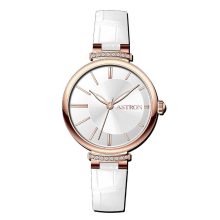 ASTRON 8056-0 női karóra, rózsaarany színű acél tok, fehér színű bőrszíj, ezüst színű számlap, keményített ásványüveg, quartz szerkezet, cseppmentes (3 ATM) vízállóság