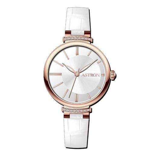 ASTRON 8056-0 női karóra, rózsaarany színű acél tok, fehér színű bőrszíj, ezüst színű számlap, keményített ásványüveg, quartz szerkezet, cseppmentes (3 ATM) vízállóság