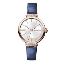 ASTRON 8056-2 női karóra, rózsaarany színű acél tok, kék színű bőrszíj, ezüst színű számlap, keményített ásványüveg, quartz szerkezet, cseppmentes (3 ATM) vízállóság