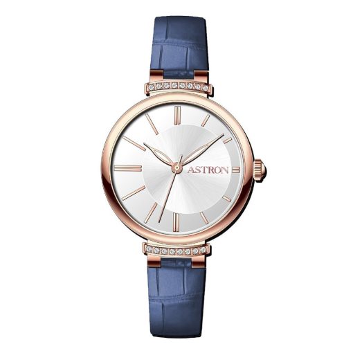 ASTRON 8056-2 női karóra, rózsaarany színű acél tok, kék színű bőrszíj, ezüst színű számlap, keményített ásványüveg, quartz szerkezet, cseppmentes (3 ATM) vízállóság