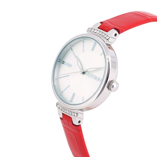 ASTRON 8056-4 női karóra, ezüst színű acél tok, piros színű bőrszíj, ezüst színű számlap, keményített ásványüveg, quartz szerkezet, cseppmentes (3 ATM) vízállóság