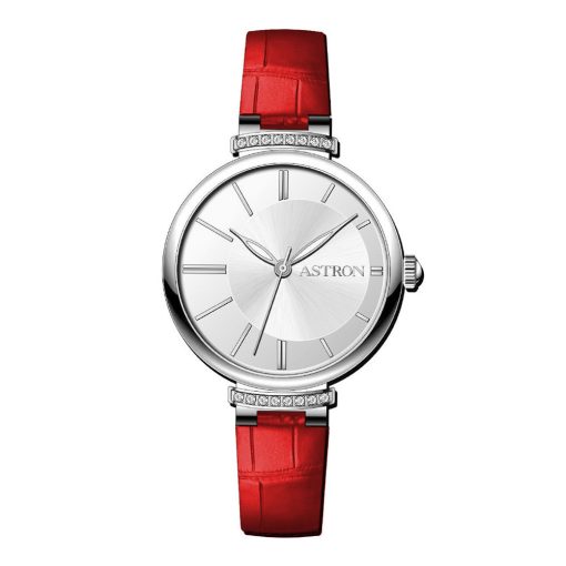 ASTRON 8056-4 női karóra, ezüst színű acél tok, piros színű bőrszíj, ezüst színű számlap, keményített ásványüveg, quartz szerkezet, cseppmentes (3 ATM) vízállóság