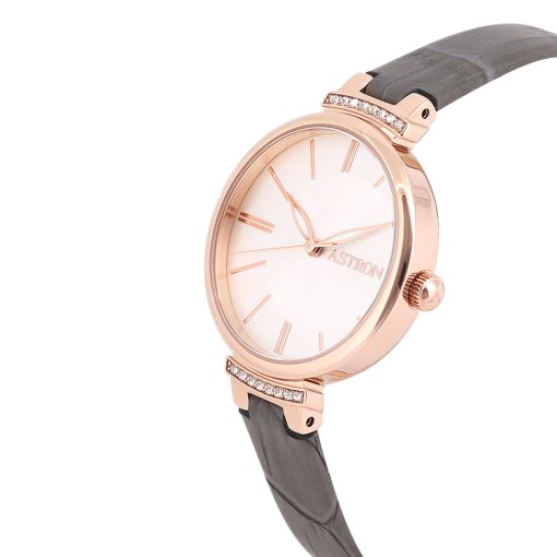 ASTRON 8056-5 női karóra, rózsaarany színű acél tok, szürke színű bőrszíj, ezüst színű számlap, keményített ásványüveg, quartz szerkezet, cseppmentes (3 ATM) vízállóság