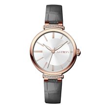 ASTRON 8056-5 női karóra, rózsaarany színű acél tok, szürke színű bőrszíj, ezüst színű számlap, keményített ásványüveg, quartz szerkezet, cseppmentes (3 ATM) vízállóság