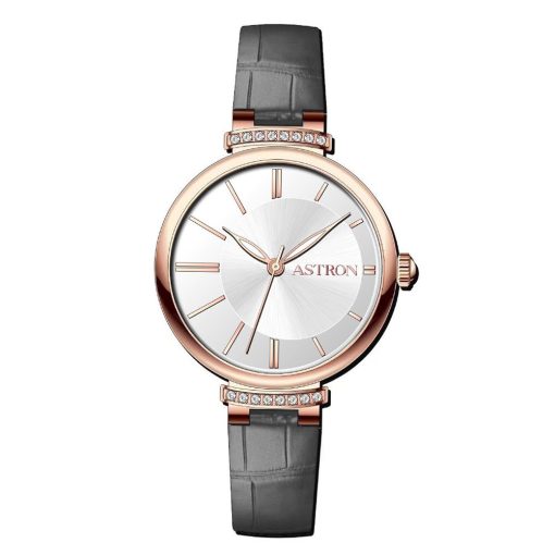 ASTRON 8056-5 női karóra, rózsaarany színű acél tok, szürke színű bőrszíj, ezüst színű számlap, keményített ásványüveg, quartz szerkezet, cseppmentes (3 ATM) vízállóság