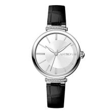 ASTRON 8056-8 női karóra, ezüst színű acél tok, fekete színű bőrszíj, ezüst színű számlap, keményített ásványüveg, quartz szerkezet, cseppmentes (3 ATM) vízállóság