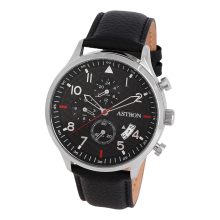 ASTRON 8059-1 férfi karóra, ezüst színű nemesacél tok, fekete színű bőrszíj, fekete számlap, keményített ásványüveg, quartz szerkezet, 5 ATM vízállóság