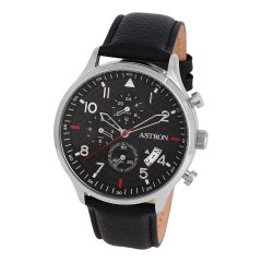   ASTRON 8059-1 férfi karóra, ezüst színű nemesacél tok, fekete színű bőrszíj, fekete számlap, keményített ásványüveg, quartz szerkezet, 5 ATM vízállóság