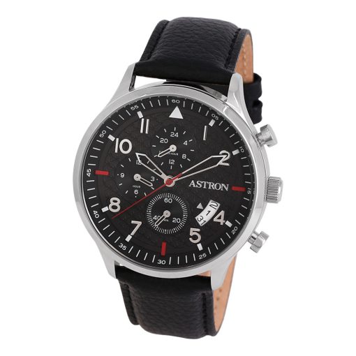 ASTRON 8059-1 férfi karóra, ezüst színű nemesacél tok, fekete színű bőrszíj, fekete számlap, keményített ásványüveg, quartz szerkezet, 5 ATM vízállóság