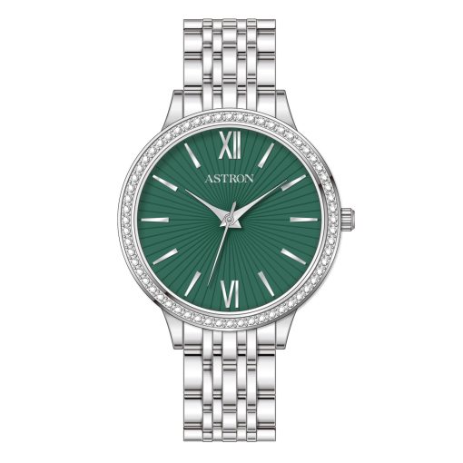 ASTRON 8064-3 női karóra, ékszeróra, ezüst színű nemesacél tok, ezüst színű nemesacél csat, zöld számlap, keményített ásványüveg, quartz szerkezet, WR 50M vízállóság