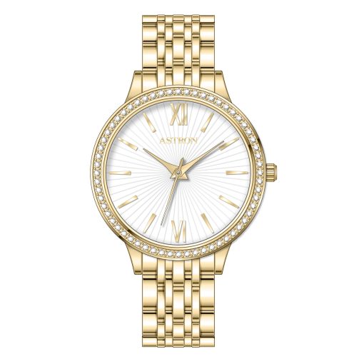 ASTRON 8064-9 női karóra, ékszeróra, arany színű nemesacél tok, arany színű nemesacél csat, fehér számlap, keményített ásványüveg, quartz szerkezet, WR 50M vízállóság