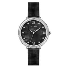   ASTRON 8065-1 női karóra, ezüst színű nemesacél tok, fekete színű milánói csat, fekete számlap, keményített ásványüveg, quartz szerkezet, WR 50M vízállóság