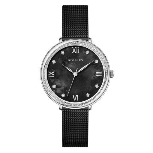 ASTRON 8065-1 női karóra, ezüst színű nemesacél tok, fekete színű milánói csat, fekete számlap, keményített ásványüveg, quartz szerkezet, WR 50M vízállóság
