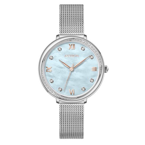 ASTRON 8065-2 női karóra, ezüst színű nemesacél tok, ezüst színű milánói csat, kék számlap, keményített ásványüveg, quartz szerkezet, WR 50M vízállóság