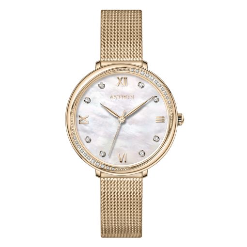 ASTRON 8065-9 női karóra, arany színű nemesacél tok, arany színű milánói csat, fehér számlap, keményített ásványüveg, quartz szerkezet, WR 50M vízállóság