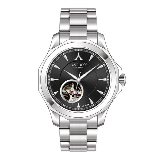 ASTRON 8066-1 automata férfi karóra, ezüst színű nemesacél tok, ezüst színű nemesacél csat, fekete számlap, zafír üveg, mechanikus automata szerkezet, WR100M vízállóság