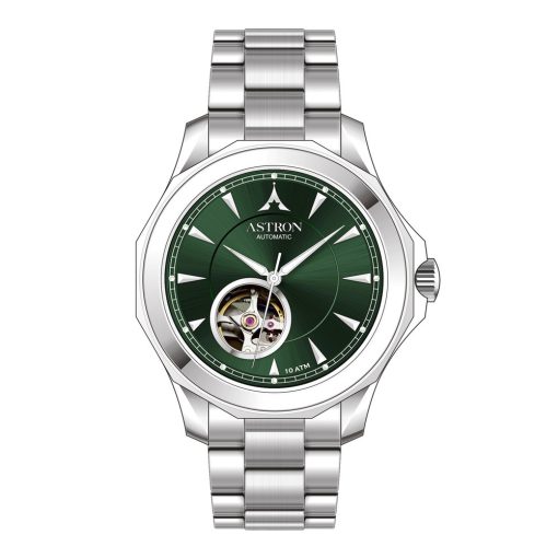 ASTRON 8066-3 automata férfi karóra, ezüst színű nemesacél tok, ezüst színű nemesacél csat, zöld számlap, zafír üveg, mechanikus automata szerkezet, WR100M vízállóság
