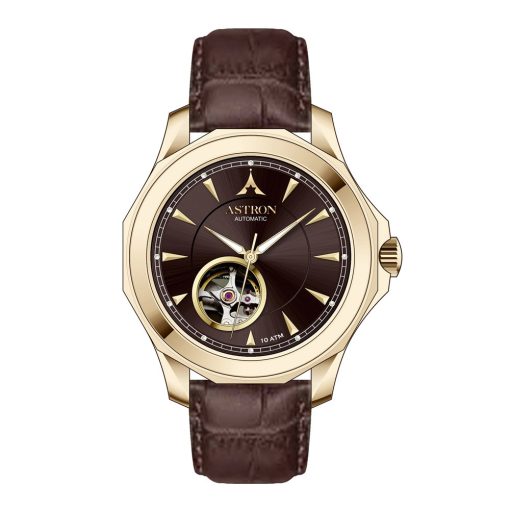 ASTRON 8066-6 automata férfi karóra, arany színű nemesacél tok, sötét barna valódi bőrszíj, sötét barna számlap, zafír üveg, mechanikus automata szerkezet, WR100M vízállóság