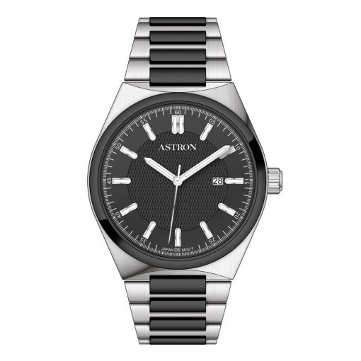 ASTRON 8067-1 quartz férfi karóra,bicolor (fekete és ezüst színű) nemesacél tok, bicolor (fekete és ezüst színű) nemesacél csat, fekete számlap, WR50M vízállóság